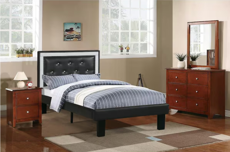 Upholstered Bed Frame with Slats in Black Faux Leather - Twin Size