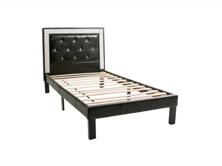 Upholstered Bed Frame with Slats in Black Faux Leather - Twin Size